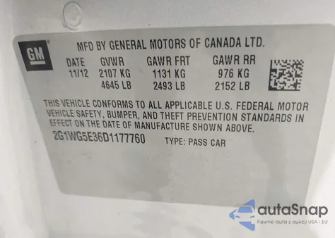 2013 Chevrolet Impala Lt из США, поврежденный, VIN 2G1WG5E36D1177760